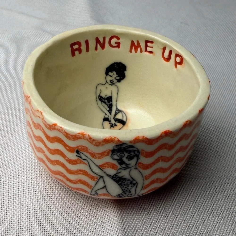 EGB Heart Ring Me Up Pin Up Girl Trinket Dish Tiny Orange Retro Kitsch Bowl 1.5